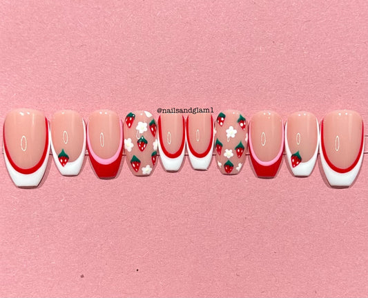 Red & White Strawberry French Tips | Press on Nails UK | Stick on Nails | Reusable | Customised | Handmade | Set of 10