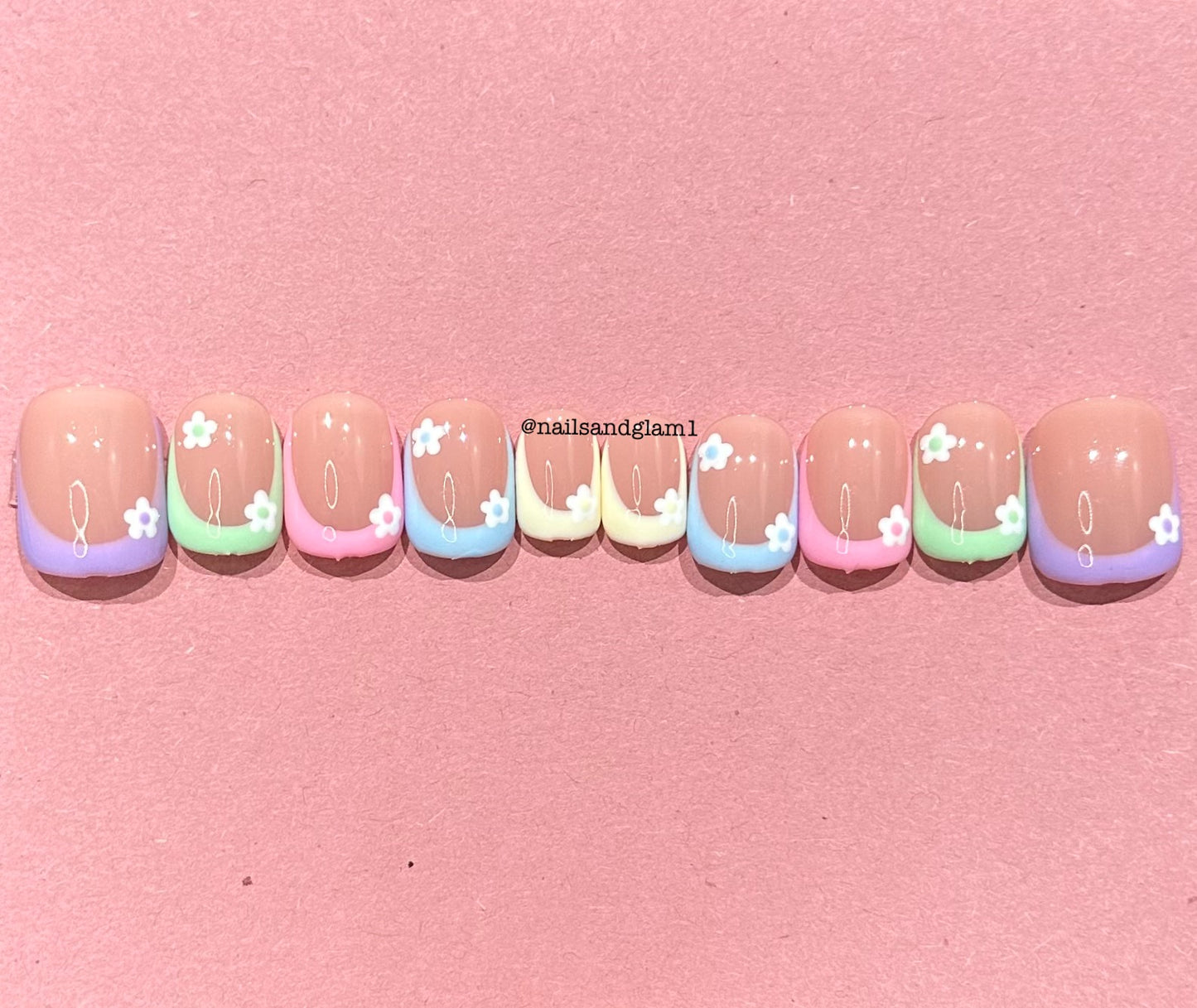 Pastel French Tips & Flowers | Press on Nails UK | Stick on Nails | Reusable | Customised | Handmade | Set of 10