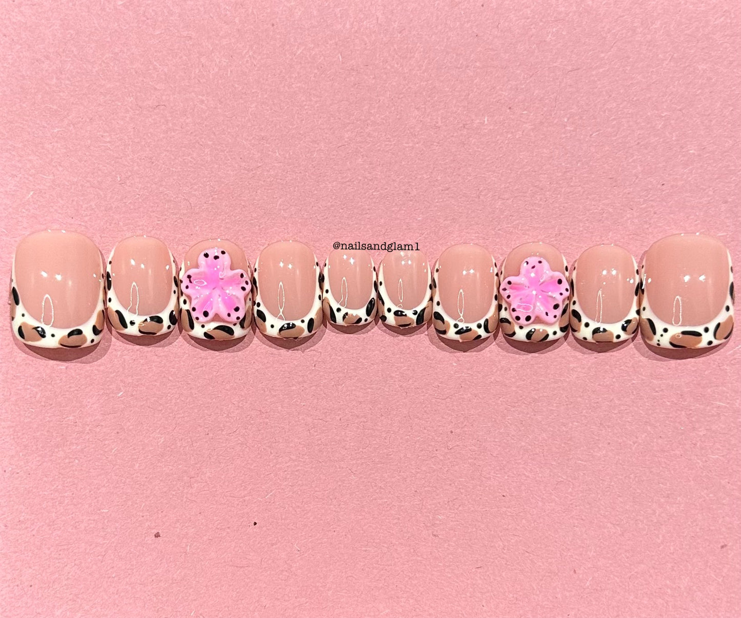 Leopard French Tips & Pink Flowers | Press on Nails UK | Stick on Nails | Reusable | Customised | Handmade | Set of 10