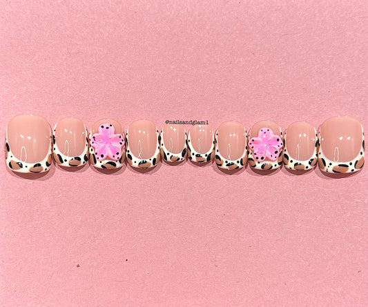 Leopard French Tips & Pink Flowers | Press on Nails UK | Stick on Nails | Reusable | Customised | Handmade | Set of 10