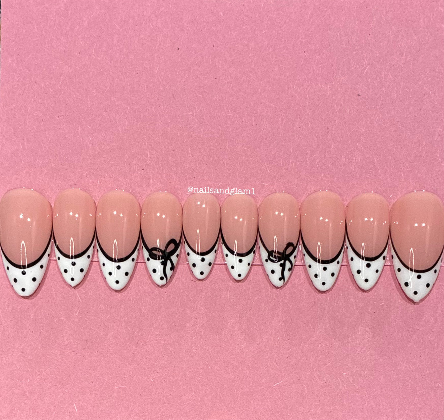 White French Tips with Black Polka Dots, Bows & Outline | Press on Nails UK | Stick on Nails | Reusable | Customised | Handmade | Set of 10