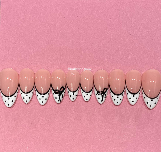 White French Tips with Black Polka Dots, Bows & Outline | Press on Nails UK | Stick on Nails | Reusable | Customised | Handmade | Set of 10