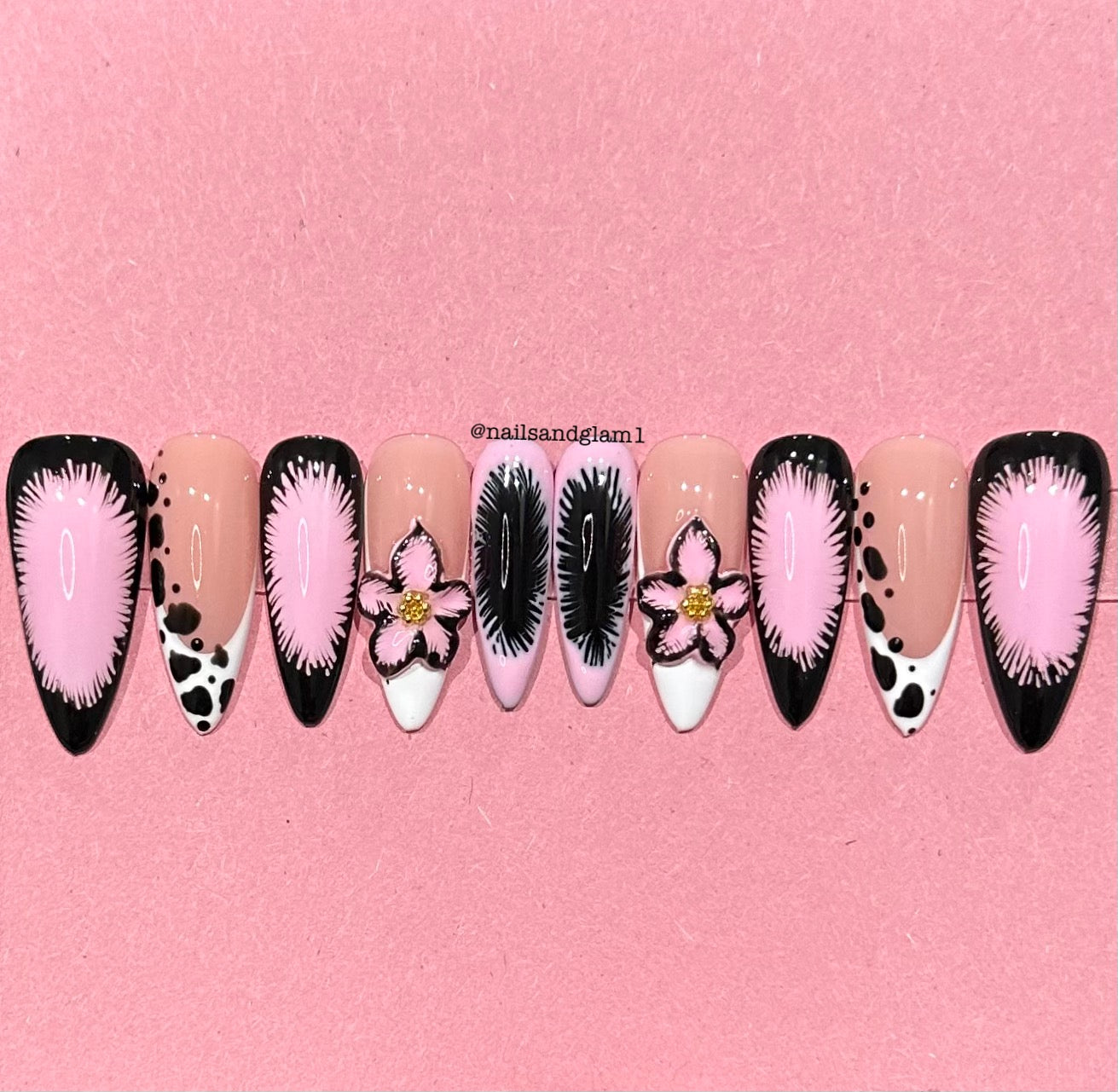Black, White & Pink 3D Flower Nails | Press on Nails UK | Stick on Nails | Reusable | Customised | Handmade | Set of 10