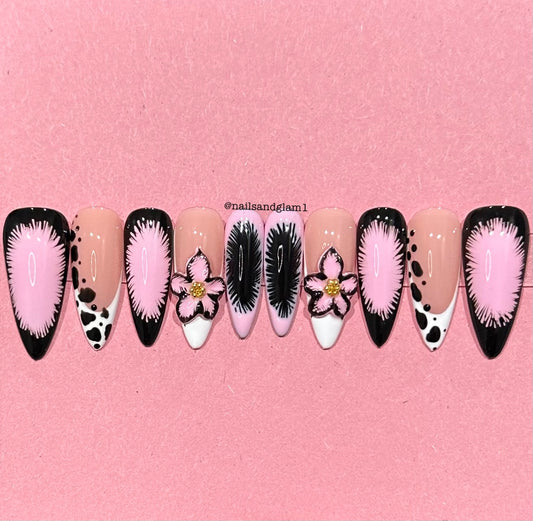 Black, White & Pink 3D Flower Nails | Press on Nails UK | Stick on Nails | Reusable | Customised | Handmade | Set of 10