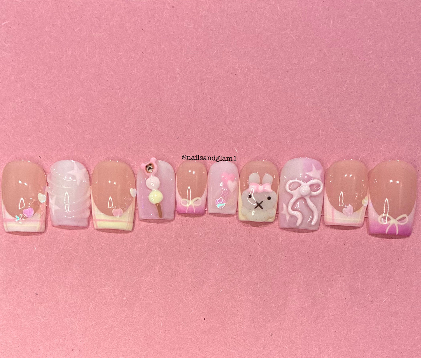 Bunny Pastel Kawaii Nails | Press on Nails UK | Stick on Nails | Reusable | Customised | Handmade | Set of 10