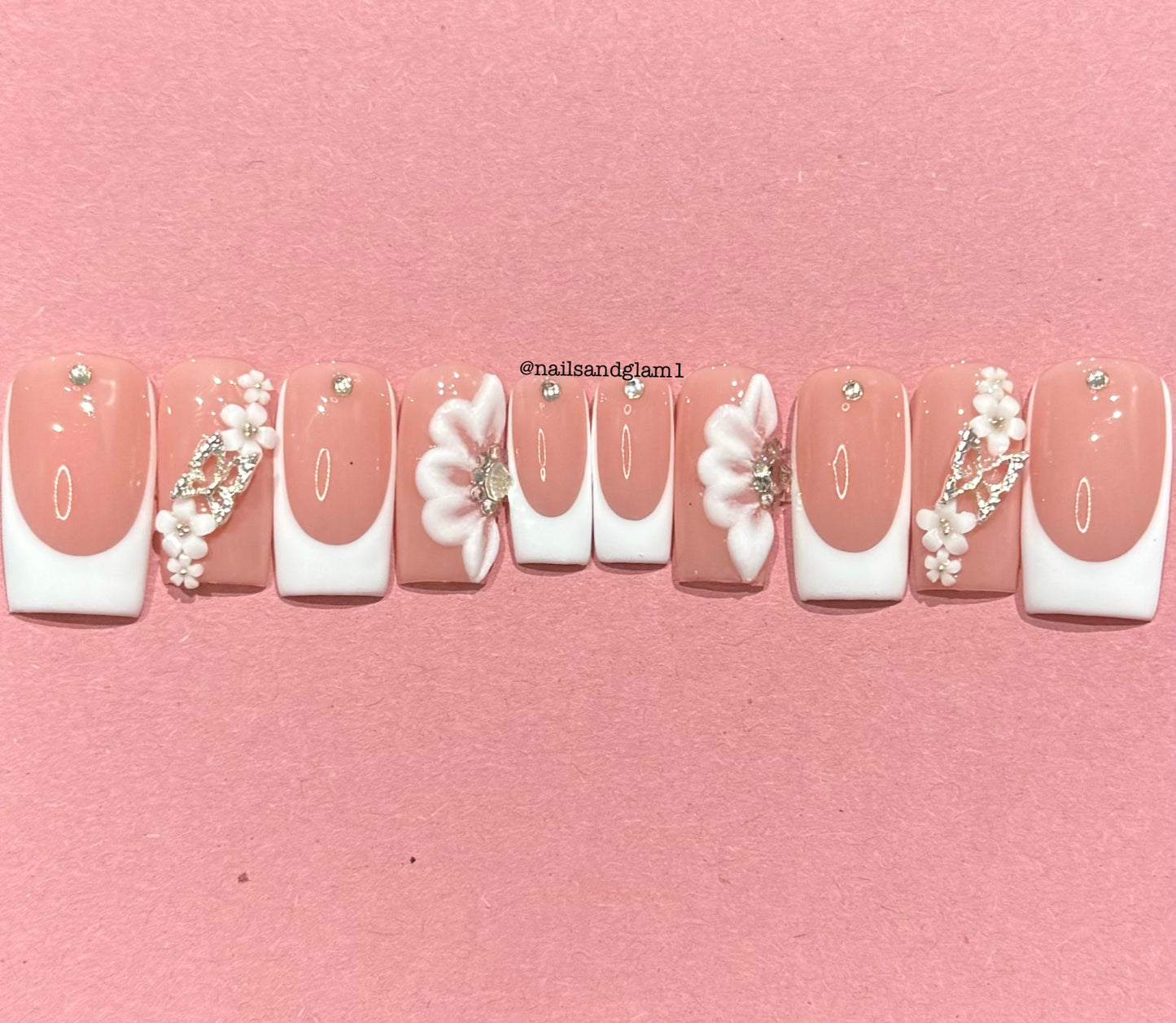 White French Tips with Flowers, Butterflies & Rhinestones | Press on Nails UK | Stick on Nails | Reusable | Customised | Handmade | Set of 10
