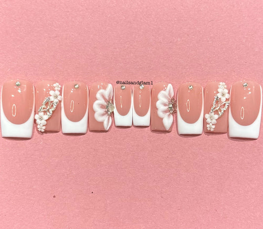 White French Tips with Flowers, Butterflies & Rhinestones | Press on Nails UK | Stick on Nails | Reusable | Customised | Handmade | Set of 10