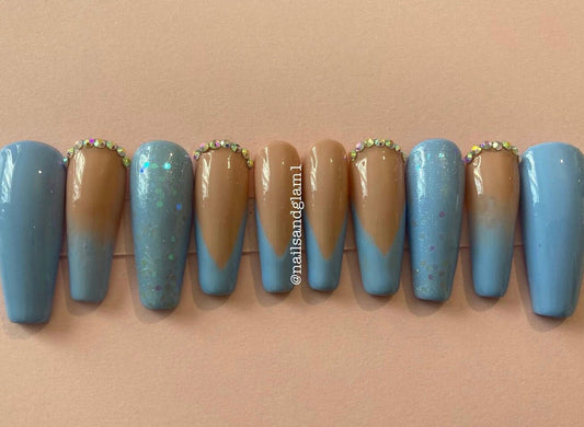 Blue Nails with Ombre & French Tips | Press on Nails UK | Stick on Nails | Reusable | Customised | Handmade | Set of 10