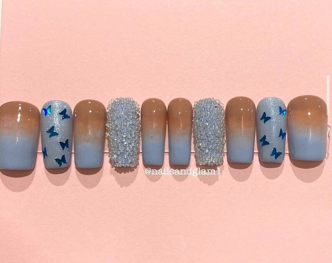 Blue Ombre with Butterflies | Press on Nails UK | Stick on Nails | Reusable | Customised | Handmade | Set of 10