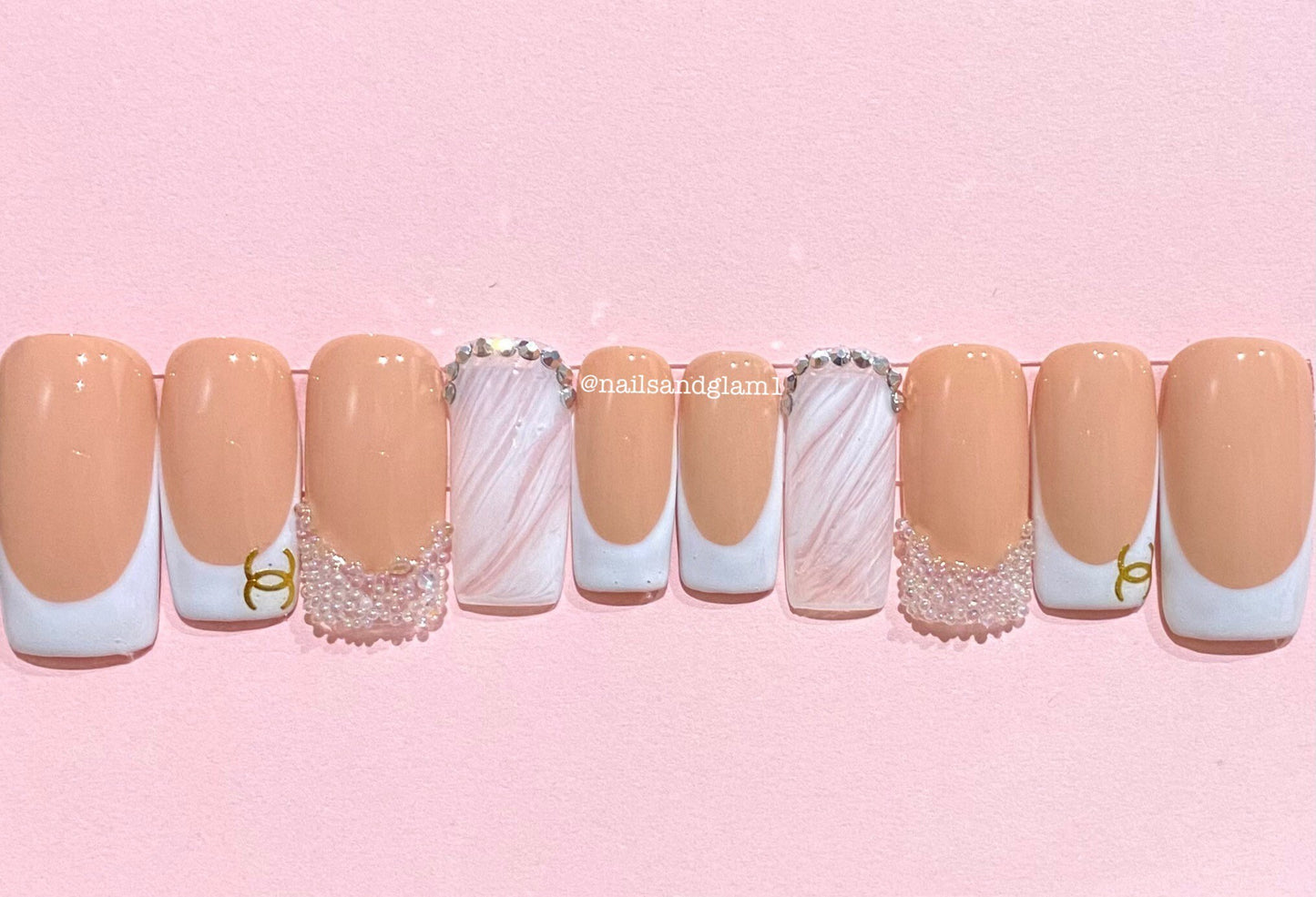 French Tips with Marble | Press on Nails UK | Stick on Nails | Reusable | Customised | Handmade | Set of 10