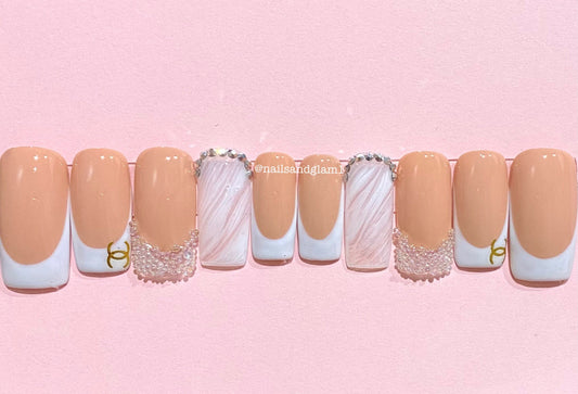 French Tips with Marble | Press on Nails UK | Stick on Nails | Reusable | Customised | Handmade | Set of 10