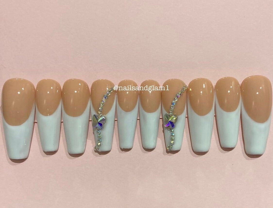 French Tips with Butterfly Rhinestones | Press on Nails UK | Stick on Nails | Reusable | Customised | Handmade | Set of 10