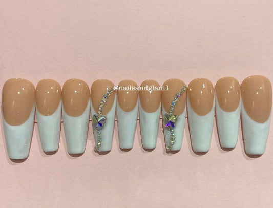 French Tips with Butterfly Rhinestones | Press on Nails UK | Stick on Nails | Reusable | Customised | Handmade | Set of 10