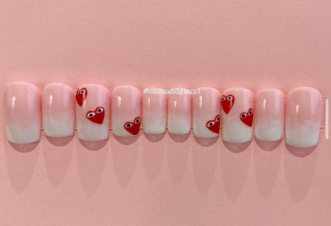 French Ombre with Hearts | Press on Nails UK | Stick on Nails | Reusable | Customised | Handmade | Set of 10
