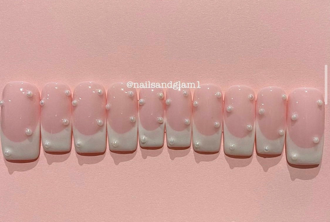 French Tips with Pearls | Press on Nails UK | Stick on Nails | Reusable | Customised | Handmade | Set of 10