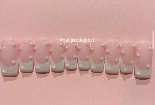 French Tips with Pearls | Press on Nails UK | Stick on Nails | Reusable | Customised | Handmade | Set of 10