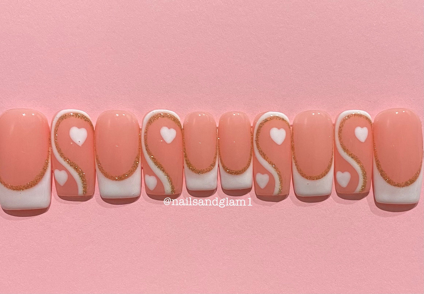 French Tips with Swirls & Gold Reflective Glitter | Press on Nails UK | Stick on Nails | Reusable | Customised | Handmade | Set of 10