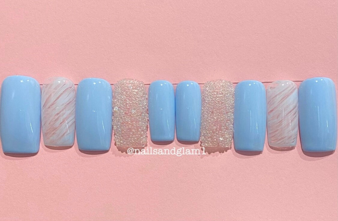 Blue Nails with Marble & Beads | Press on Nails UK | Stick on Nails | Reusable | Customised | Handmade | Set of 10
