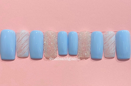 Blue Nails with Marble & Beads | Press on Nails UK | Stick on Nails | Reusable | Customised | Handmade | Set of 10