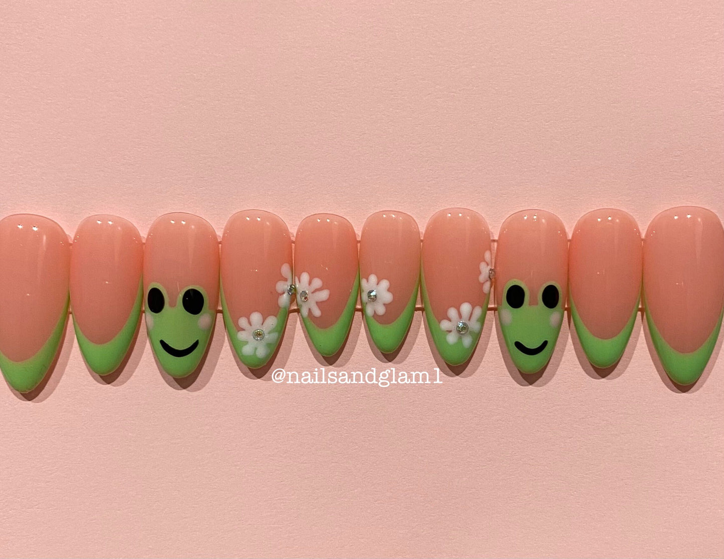Green French Tips with Flowers & Frogs | Press on Nails UK | Stick on Nails | Reusable | Customised | Handmade | Set of 10