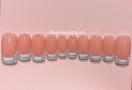 Grey French Tips with White Croc & Rhinestones | Press on Nails UK | Stick on Nails | Reusable | Customised | Handmade | Set of 10