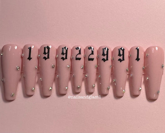 Custom Year with Rhinestone Nails | Press on Nails UK | Stick on Nails | Reusable | Customised | Handmade | Set of 10