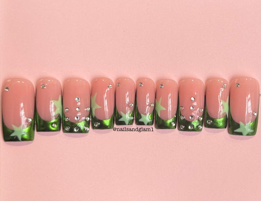 Green Chrome French Tips with Stars & Rhinestones | Press on Nails UK | Stick on Nails | Reusable | Customised | Handmade | Set of 10