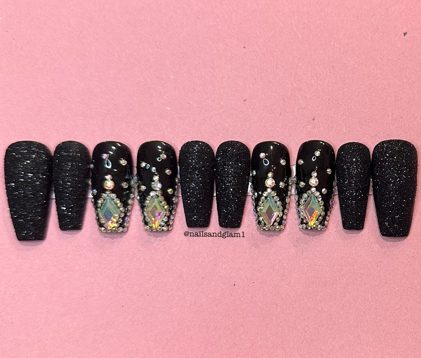 Black Glitter Nails with Rhinestones | Press on Nails UK | Stick on Nails | Reusable | Customised | Handmade | Set of 10