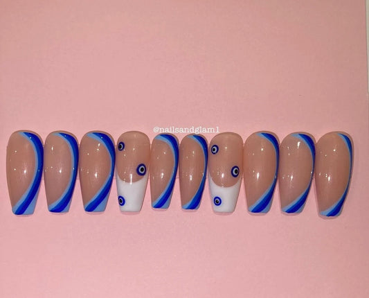 Blue Design, Evil Eye French Tips | Press on Nails UK | Stick on Nails | Reusable | Customised | Handmade | Set of 10