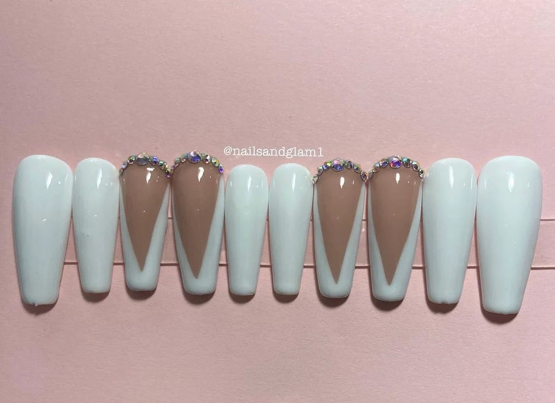 White with V French Tips | Press on Nails UK | Stick on Nails | Reusable | Customised | Handmade | Set of 10