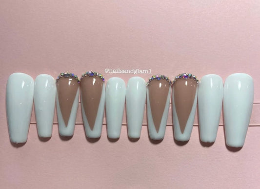 White with V French Tips | Press on Nails UK | Stick on Nails | Reusable | Customised | Handmade | Set of 10