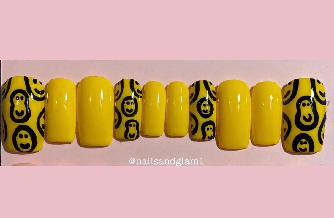 Yellow Smiley Face Nails | Press on Nails UK | Stick on Nails | Reusable | Customised | Handmade | Set of 10