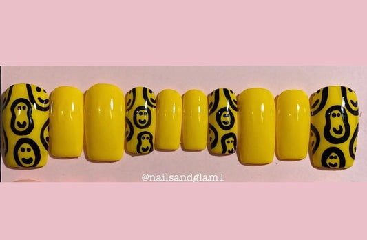 Yellow Smiley Face Nails | Press on Nails UK | Stick on Nails | Reusable | Customised | Handmade | Set of 10