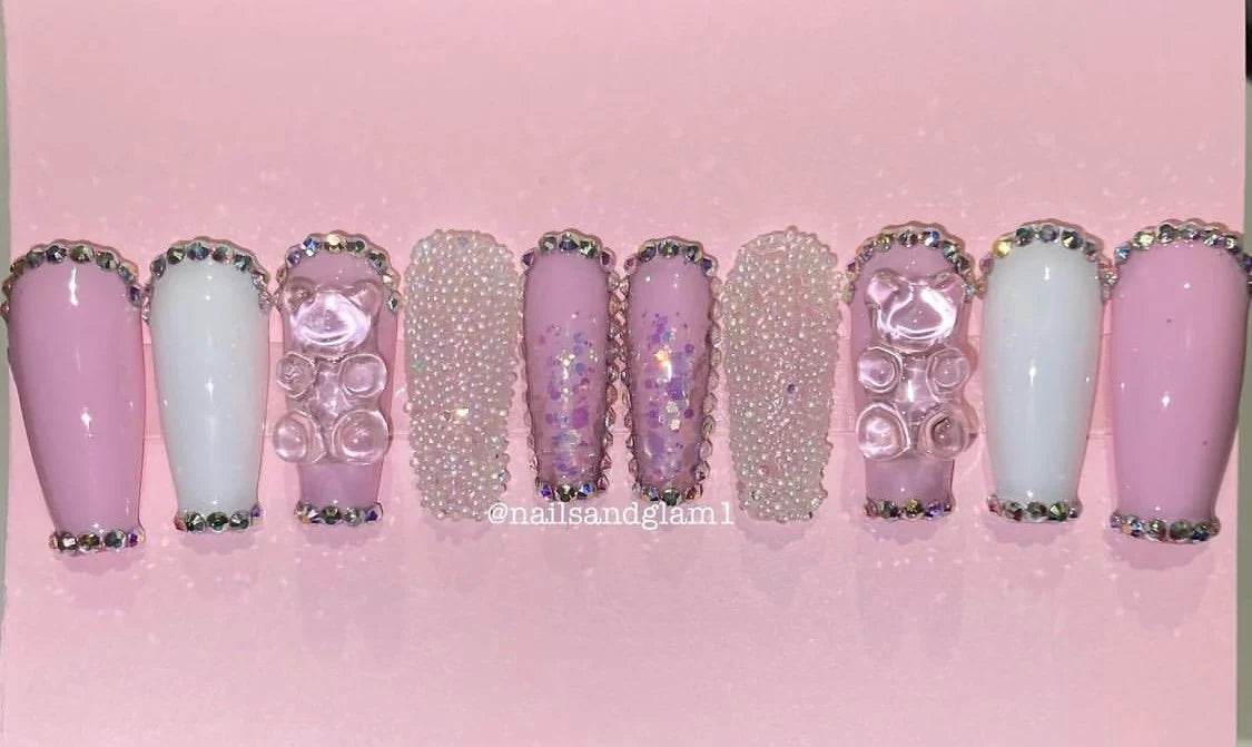 Pink & Glitter Gummy Bear Nails | Press on Nails UK | Stick on Nails | Reusable | Customised | Handmade | Set of 10