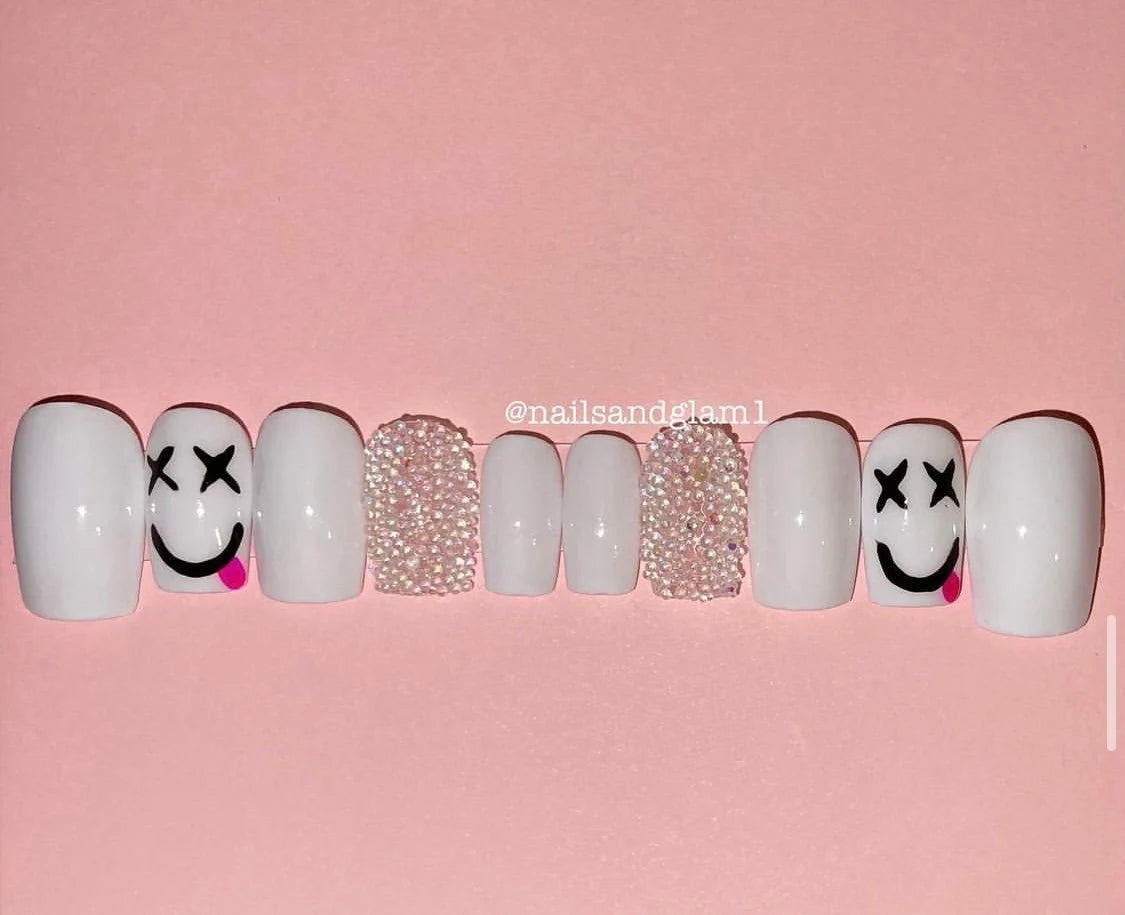 White Smiley Nails | Press on Nails UK | Stick on Nails | Reusable | Customised | Handmade | Set of 10