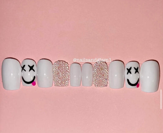 White Smiley Nails | Press on Nails UK | Stick on Nails | Reusable | Customised | Handmade | Set of 10