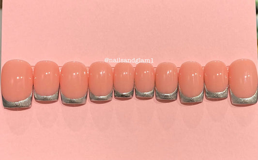 Silver Chrome French Tips | Press on Nails UK | Stick on Nails | Reusable | Customised | Handmade | Set of 10