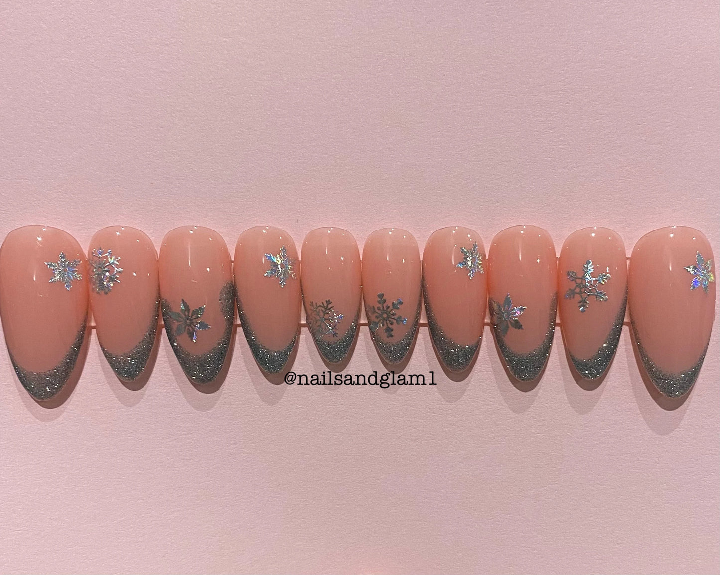 Blue French Tips with Snowflakes | Press on Nails UK | Stick on Nails | Reusable | Customised | Handmade | Set of 10