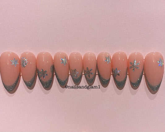 Blue French Tips with Snowflakes | Press on Nails UK | Stick on Nails | Reusable | Customised | Handmade | Set of 10