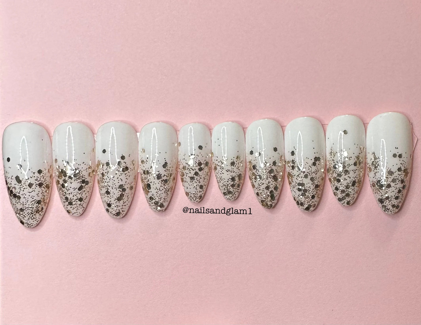 White & Gold Glitter Ombre | Press on Nails UK | Stick on Nails | Reusable | Customised | Handmade | Set of 10