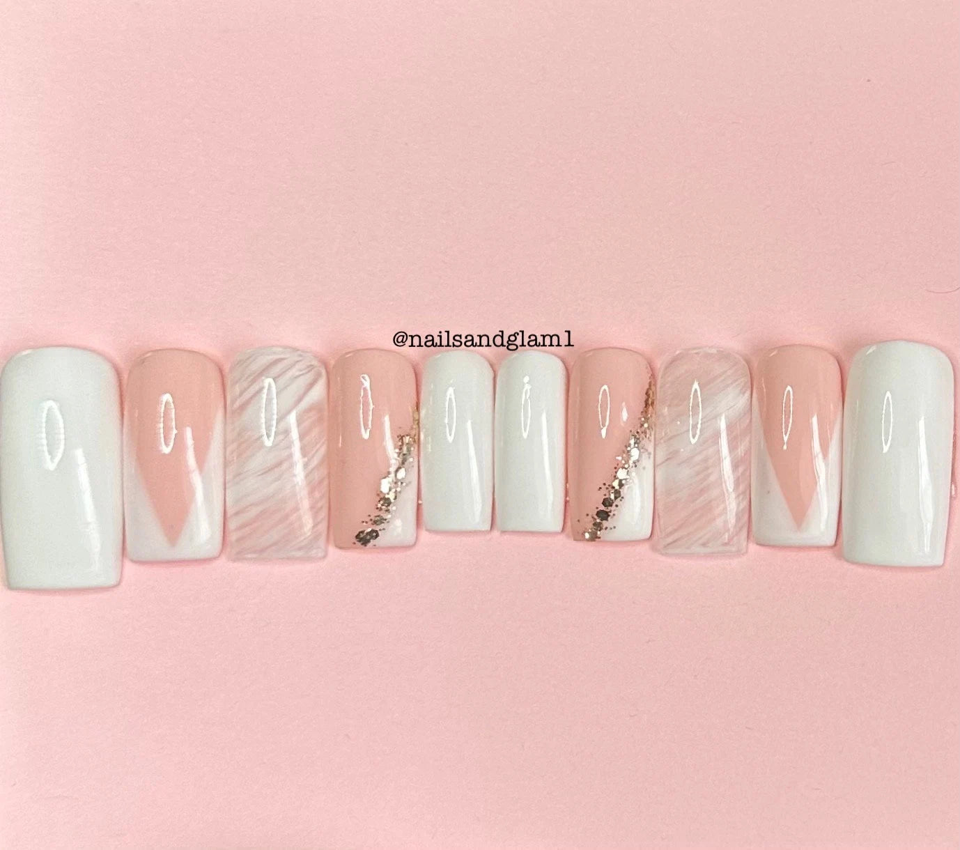 White French Tips with Marble | Press on Nails UK | Stick on Nails | Reusable | Customised | Handmade | Set of 10