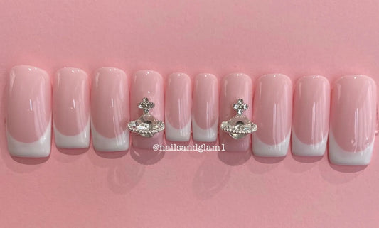 White French Tips with Silver Charm | Press on Nails UK | Stick on Nails | Reusable | Customised | Handmade | Set of 10