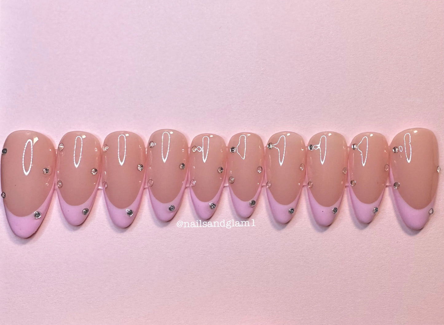 Pink French Tips with Silver Rhinestones | Press on Nails UK | Stick on Nails | Reusable | Customised | Handmade | Set of 10