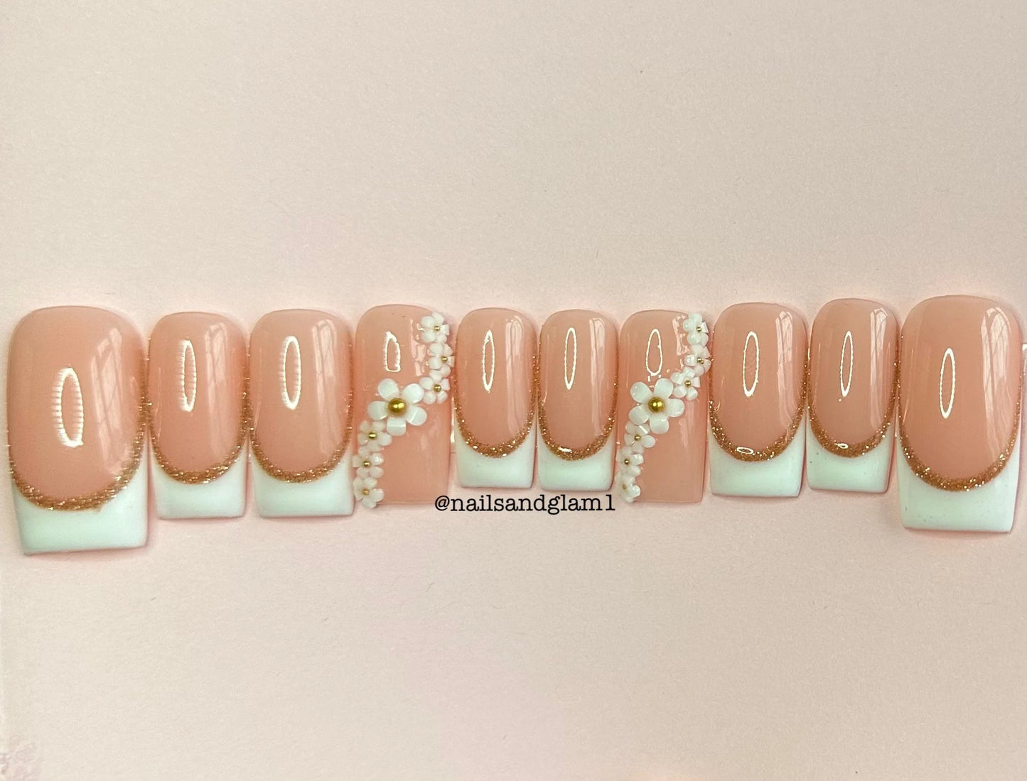 White French Tips with Gold Glitter & Flowers | Press on Nails UK | Stick on Nails | Reusable | Customised | Handmade | Set of 10
