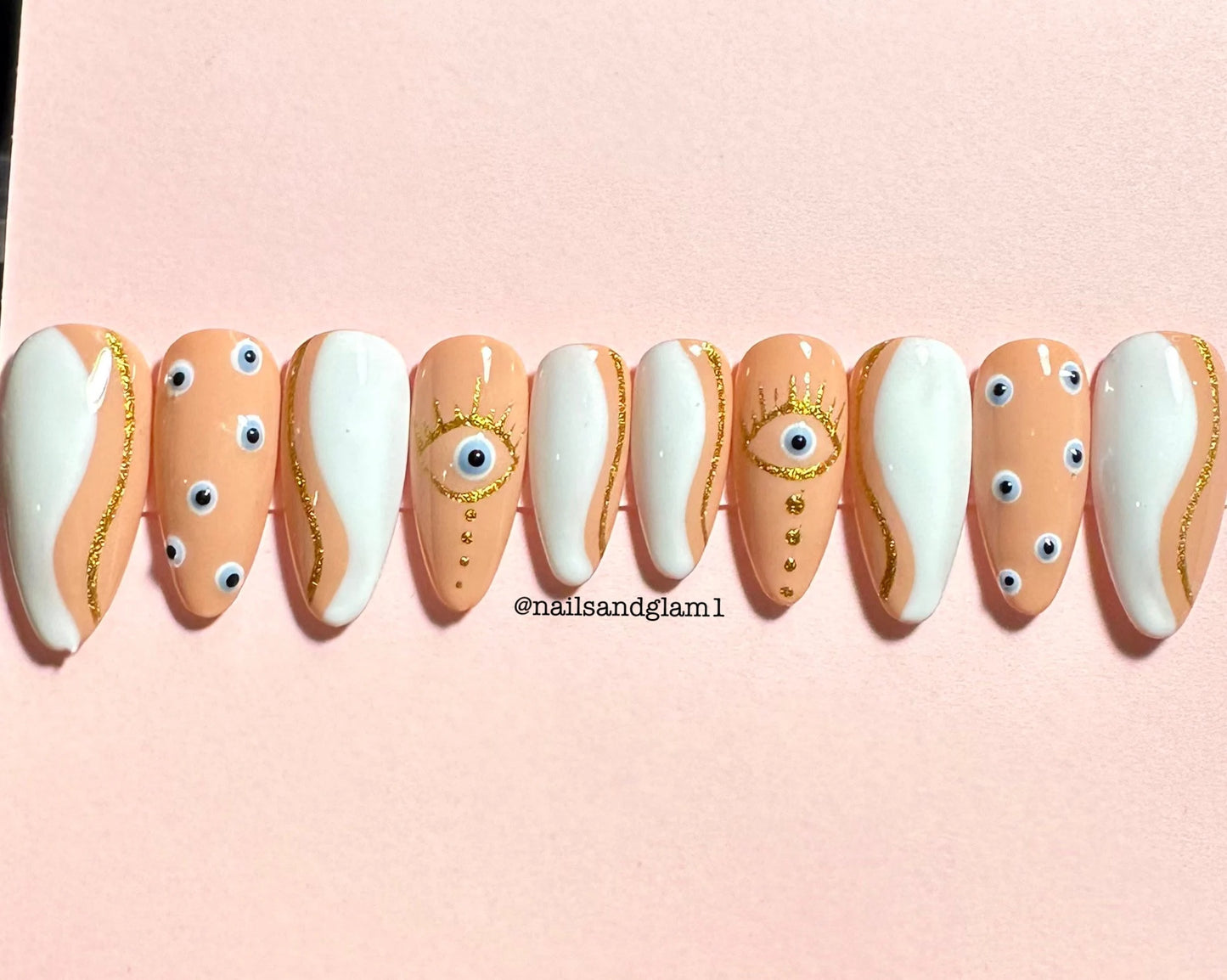 White & Gold Swirls with Evil Eye Design | Press on Nails UK | Stick on Nails | Reusable | Customised | Handmade | Set of 10