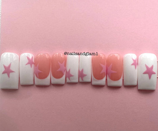White Nails with Pink Stars & French Tips | Press on Nails UK | Stick on Nails | Reusable | Customised | Handmade | Set of 10