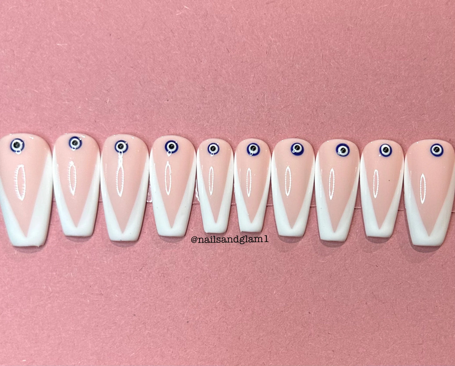 White V-Tips with Evil Eyes | Press on Nails UK | Stick on Nails | Reusable | Customised | Handmade | Set of 10
