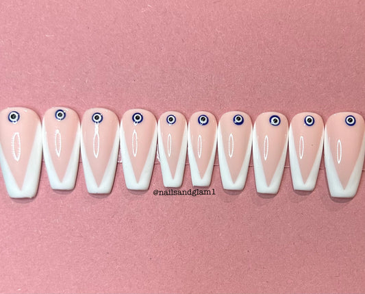 White V-Tips with Evil Eyes | Press on Nails UK | Stick on Nails | Reusable | Customised | Handmade | Set of 10