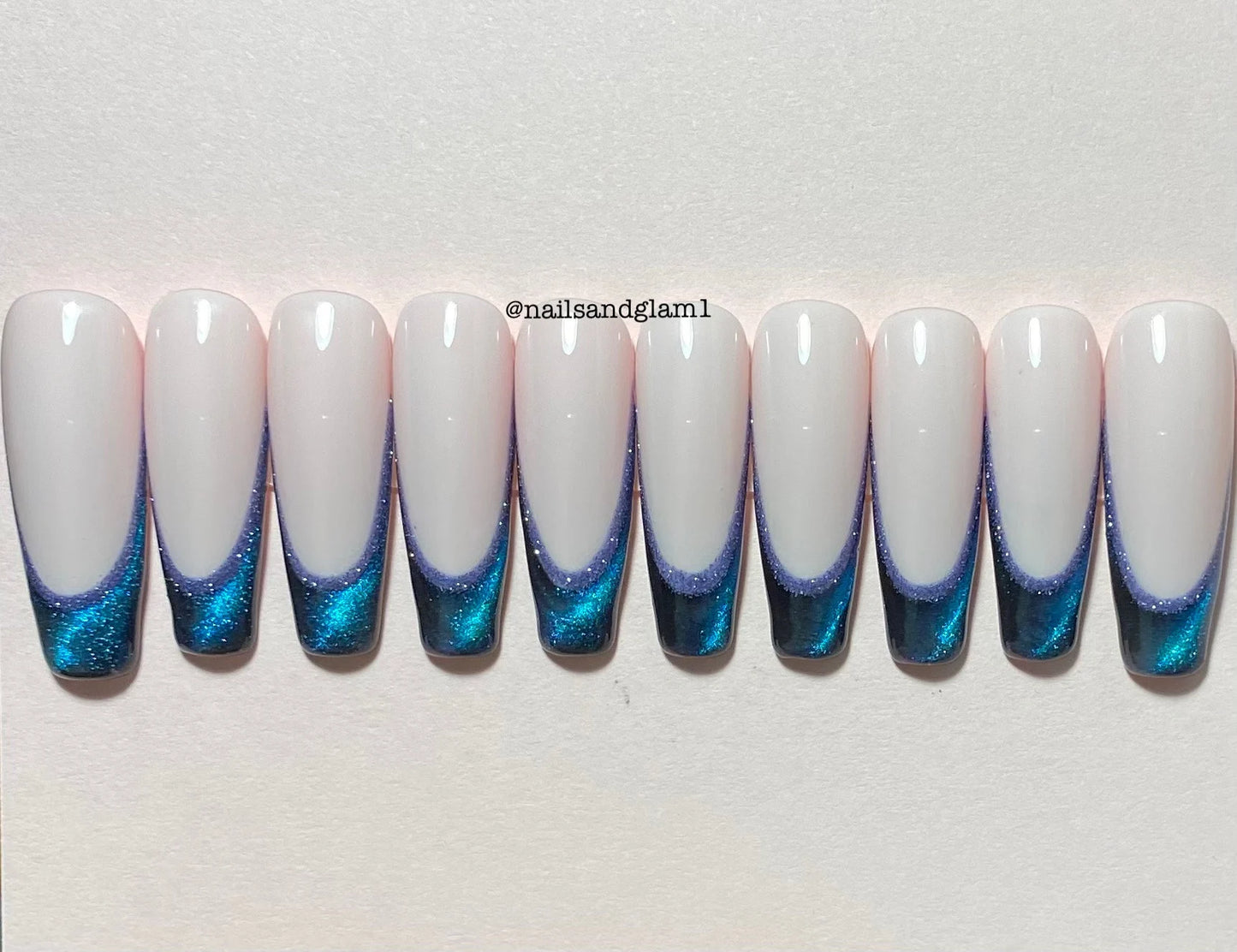 Blue Cat Eye French Tips with Blue Glitter Outline | Press on Nails UK | Stick on Nails | Reusable | Customised | Handmade | Set of 10