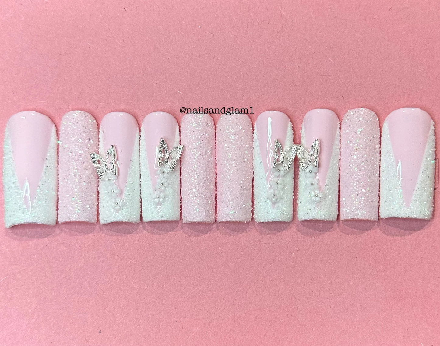 White V-Tips with Butterfly & Flower Charms with Glitter | Press on Nails UK | Stick on Nails | Reusable | Customised | Handmade | Set of 10